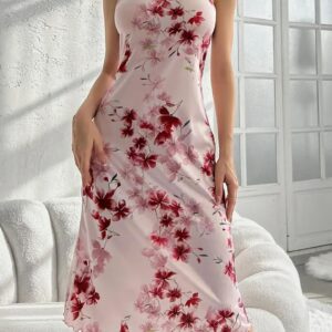 Store women’s floral print elegant frill trim sleepwear dress
