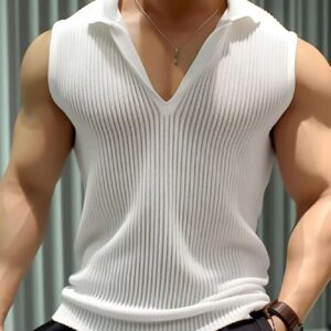 Store men’s stylish sheer v neck tank top in solid color
